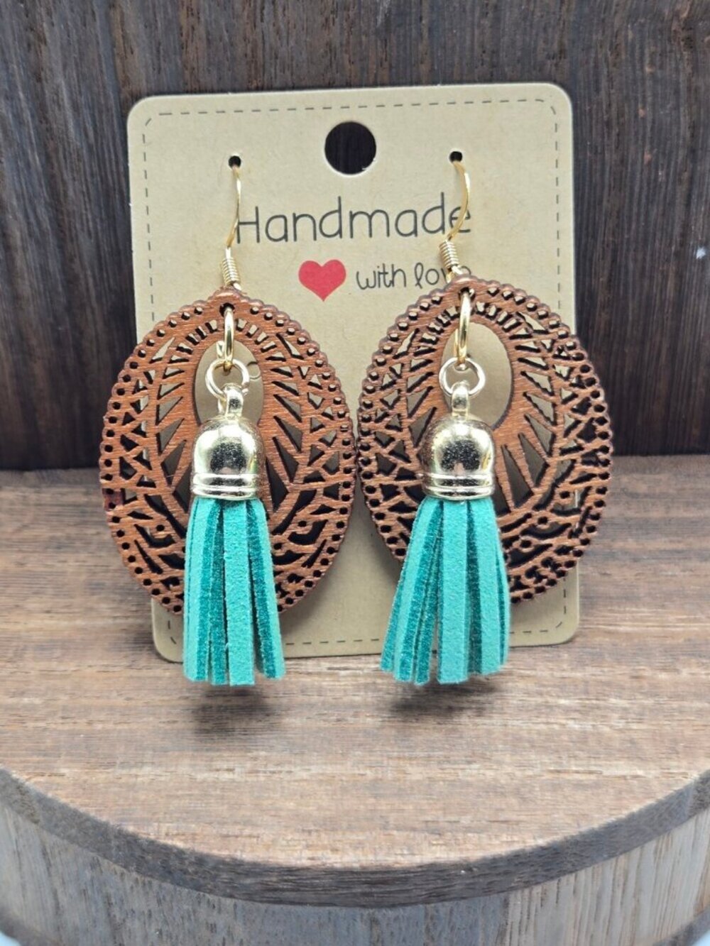 NWT Wood Filigree Leather Tassel Earrings Pierced Dangle Drop Boho Jewelry OOAK